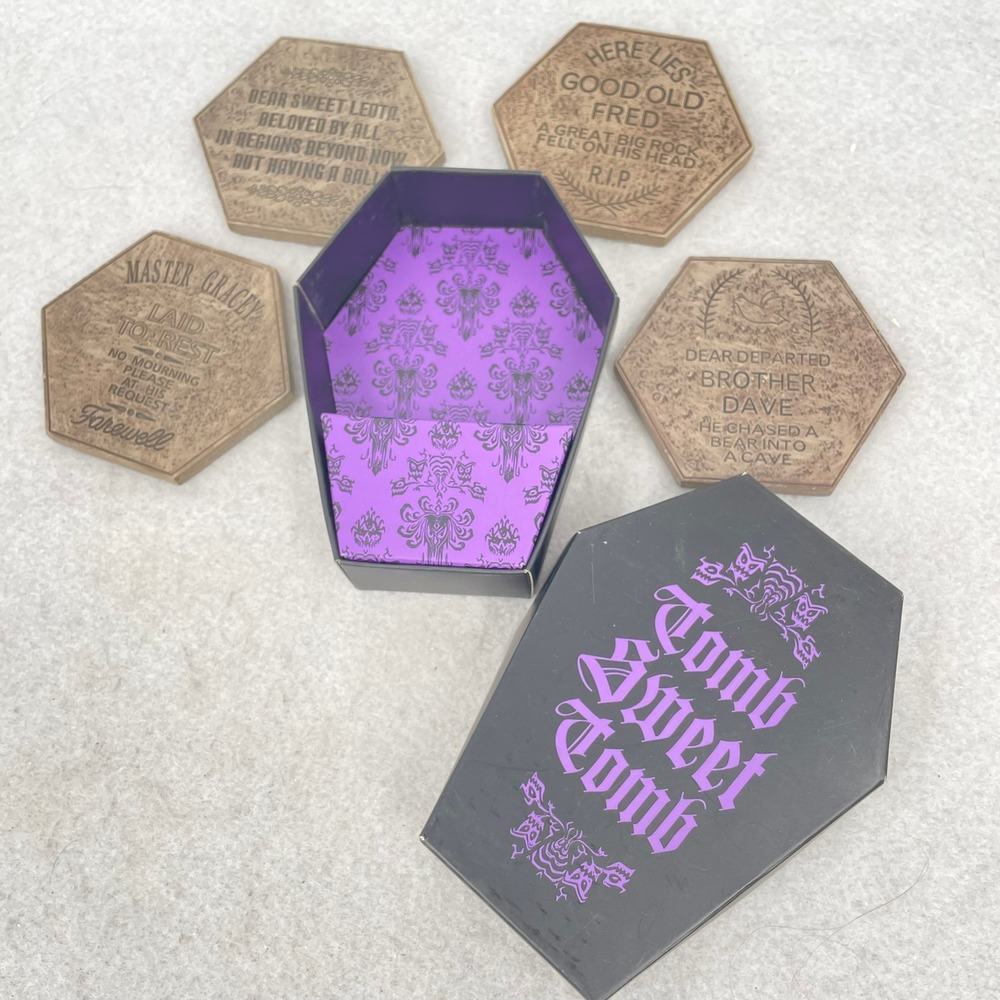Disney Haunted Mansion Tombstone Coaster Set Coffin Box Tomb Sweet Tomb 4pc